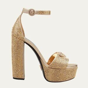 Prada Satin Crystal Triangle Logo Platform Sandals Heels Gold 38